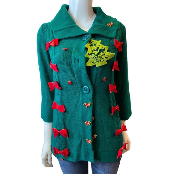 Effeci Women Vintage 1980s Christmas Cardigan Sweater Reindeer Tree Bells Blue S - Picture 1 of 9
